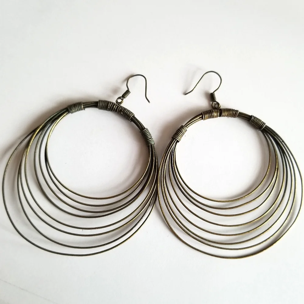 Earrings Big boho hoop earrings dangly concentric circles dark gold tone metal